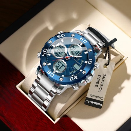POEDAGAR E102 Quartz Electronic Waterproof  Sport Stainless LED Alarm Dual Time Display Digital Watch